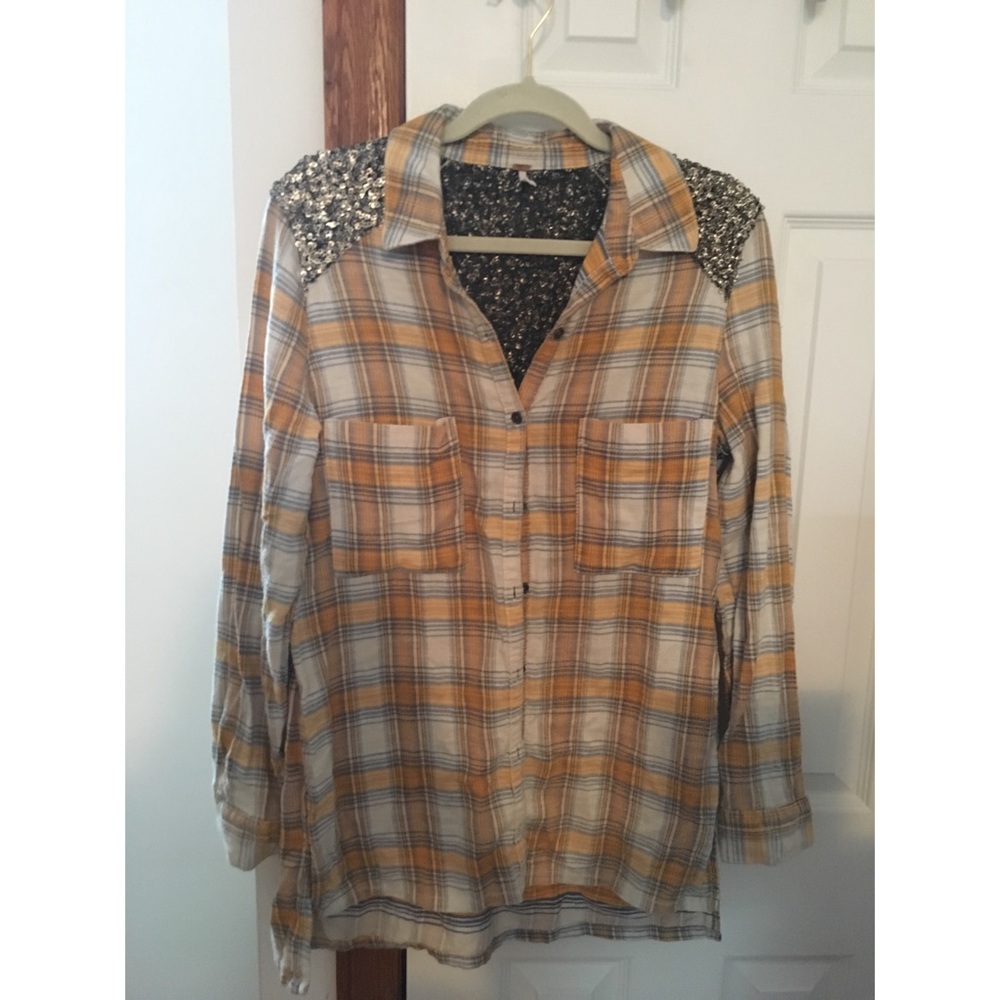 Free People Plaid Flannel with Sequins Detail